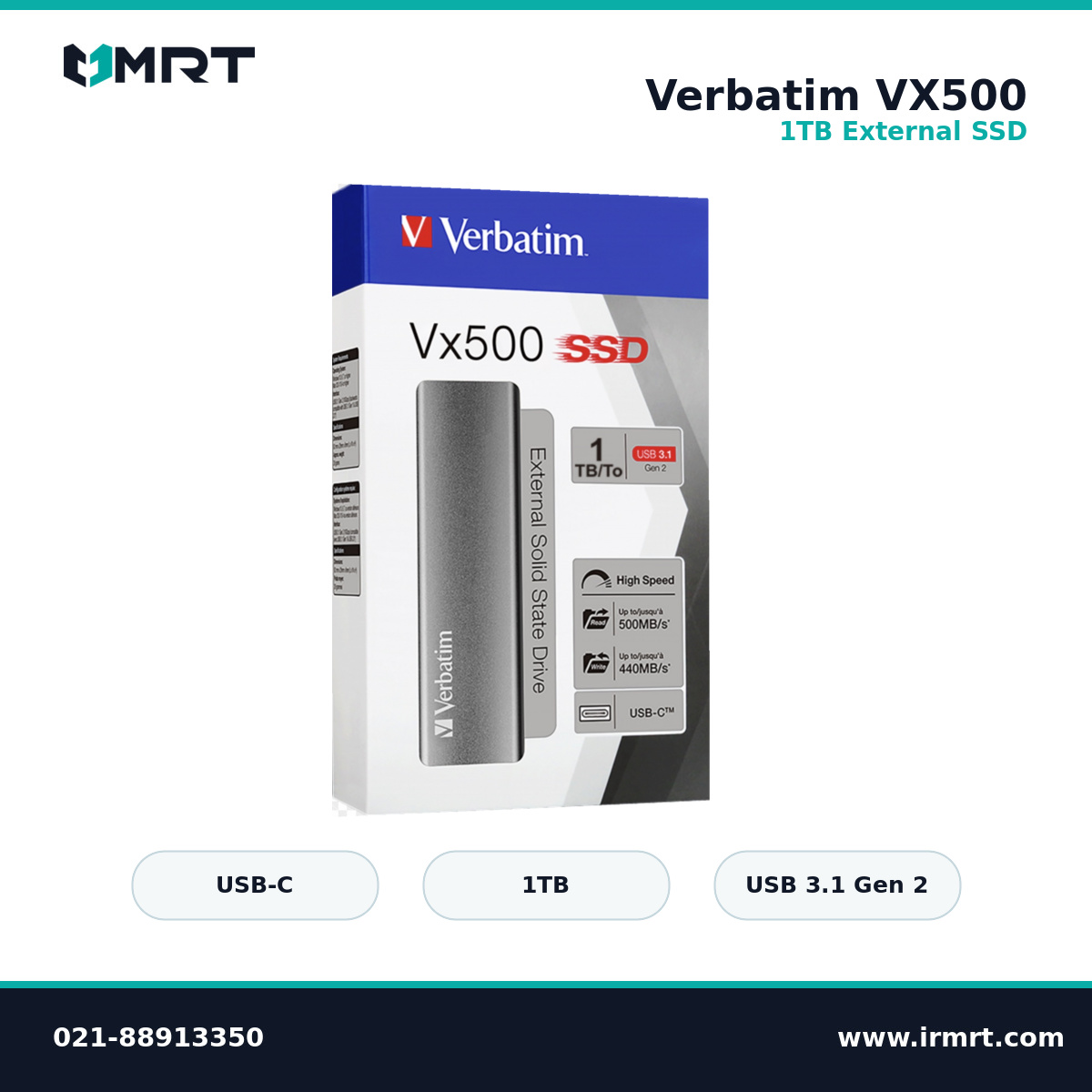 SSD اکسترنال Verbatim VX500 یک ترابایت؛ تصویر اصلی با مشخصات مرکزچین در قالب MRT